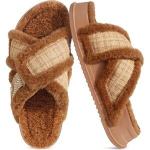 Women's Brown Fuzzy Furry Faux Fur Cross Band Arch Open Slippers Slides Shoes